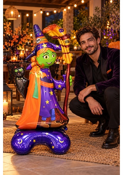 Halloween Cadılar Bayramı Ayaklı Süpürgeli Kedili Cadı Folyo Balon 65x45 Cm Mor Turuncu Oda Süsü Çok Renkli