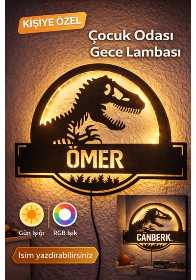 Dinozor Işıklı Led Pano - Kişiye Özel Çocuk Odası Lamba Beyaz