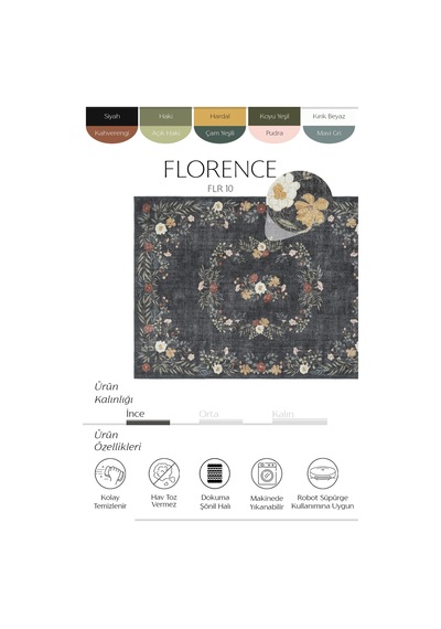 Cool Halı Florence Siyah Kahve Çiçekli Eskitme Otantik Yıkanabilir Dokuma Salon Oturma Odası Halısı