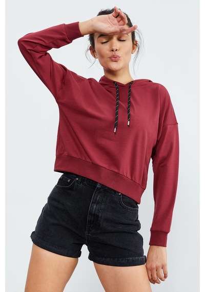 Tommy Life Bordo Uzun Kol Rahat Form Kapüşonlu Kadın Sweatshirt - 97115 Bordo