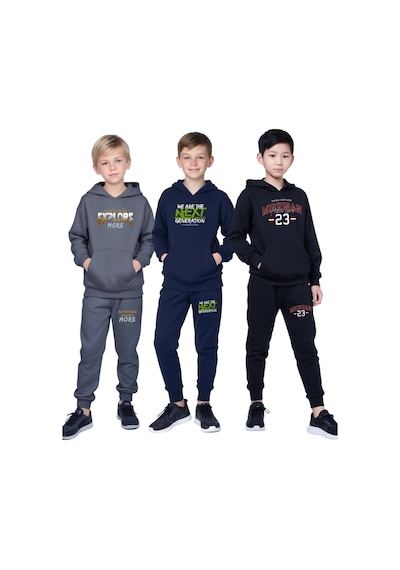 Panios Kids 3'lü Kanguru Cepli Kapüşonlu Baskılı Erkek Çocuk Eşofman Takımı Çok Renkli