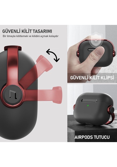 Airpods 4 Uyumlu Djpods Sert Malzemeli Dayanıklı Koruyucu Kilitli Kapak Askı Aparatlı Kılıf Siyah - Kırmızı