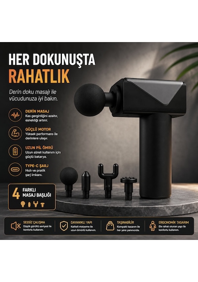 Şarjlı Masaj Tabancası 6 Kademeli Type-c Şarjlı Sessiz Kas  Masaj Aleti 4 Başlıklı Derin Doku Masaj Cihazı Gri - Siyah