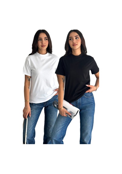 Fiolin Beyaz Ve Siyah Dik Yaka 2'li Paket Basic Örme T-shirt Siyah - Beyaz
