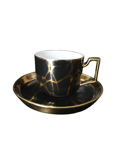 Porselen 6 Kişilik Kahve Fincan Takımı Siyah Gold Tr2934