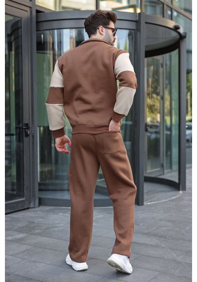 Madmext Kahverengi Renk Bloklu Polo Yaka Erkek Eşofman Takımı E7368