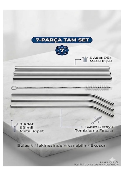 Premium 7 Parça Paslanmaz Çelik Metal Pipet Seti - 3 Düz, 3 Eğimli Pipet + Temizleme Fırçası Metalik Gri