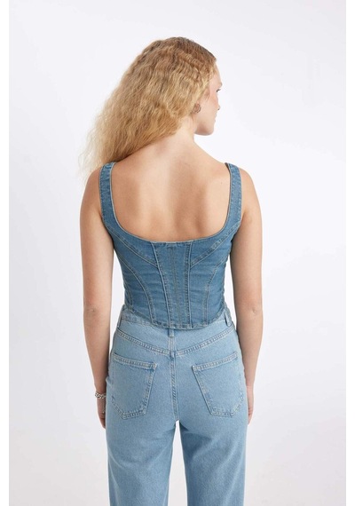 DeFacto Kalın Askılı Fermuarlı Crop Korse Jean Bluz C3335AX24HSNM39