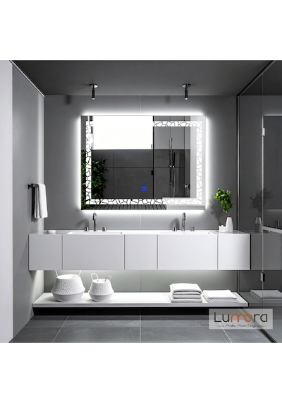 Gleamira Beyaz Led'li Lazer Kumlamalı Lavabo & Banyo Aynası Dokunmatik Sensörlü 100 X 75 Cm