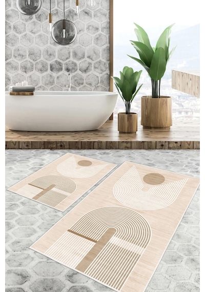 Dijital Baskı Modern Kaymaz Taban 2li Set Banyo Paspası Klozet Takımı 50x60cm-60x100cm Krem