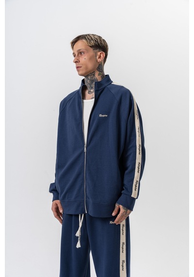 Erkek Respire Şerit Detaylı Dik Yaka Doubleface Zip Oversize Sweatshirt Lacivert