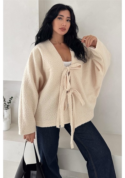 Femelle Krem Bürümcük Bağlamalı Oversize Hırka Yarasa Kol Standart Beden