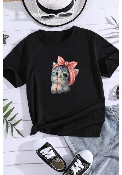 Uyguntarz Çocuk Cartoon Face Pamuklu Tshirt Antrasit - Siyah