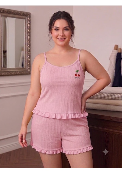 Büyük Beden Askılı Şortlu Likralı Pamuklu Kumaş Pijama Takım Pembe