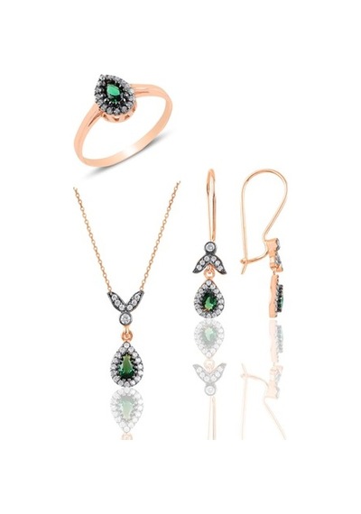 Gümüş Rose Kök Zümrüt Taşlı Damla Üçlü Set