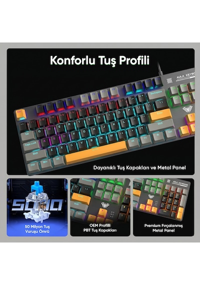 Aula S500 Blue Switch Rgb Makrolu Kablolu Gaming Mekanik Oyuncu Klavyesi Sarı