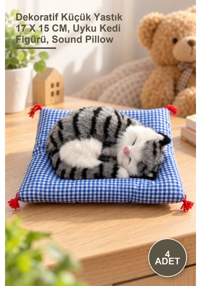 4 Adet Yastıkta Uyuyan Kedi Sesli Oyuncak Dekoratif Küçük Yastık 17 X 15 Cm, Uyku Kedi Figürü, Sound Pillow