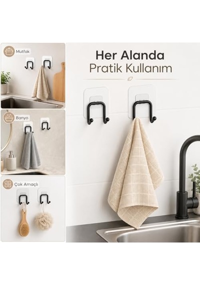 2 Li Güçlü Kancalı Askılık Siyah Yapışkanlı Duvar Askısı, Delmeden Montajlı Havlu Ve Bez Askısı, Banyo, Mutfak Ve Çamaşır Odası İçin Pratik Askı Seti