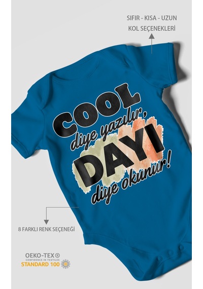 Morivokids Cool Diye Yazılır Dayı Diye Okunur Kısa Kollu Bebek Body %100 Pamuk Koyu Mavi