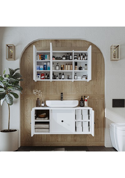 Lavabolu Mat Mdf 105 Cm Çekmeceli Banyo Dolabı + Aynalı Dolap Mat Beyaz