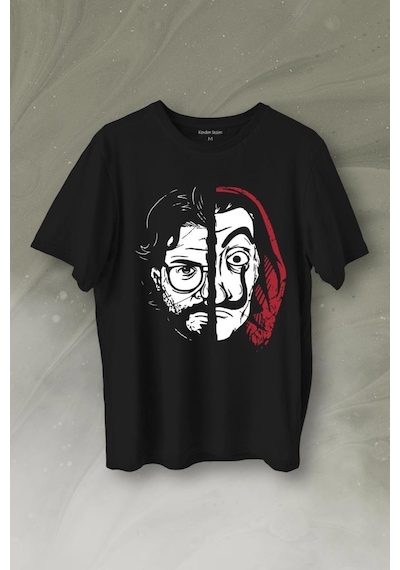 La Casa De Papel Profesör Proffessor Dali Mask Yarım Yüz Half Face Baskılı Tişört Unisex T-shirt 001