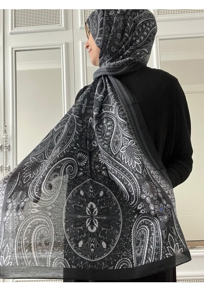 Modakaşmir Aminenesil Etnik Desen Soft Pamuk Şal Siyah Beyaz Renk
