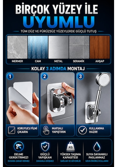 Ymv Yapışkanlı Duş Başlığı Askısı Mafsallı Ayarlanabilir Duş Tutacağı Delme Gerektirmeyen Güçlü Duvar Aparatı Beyaz