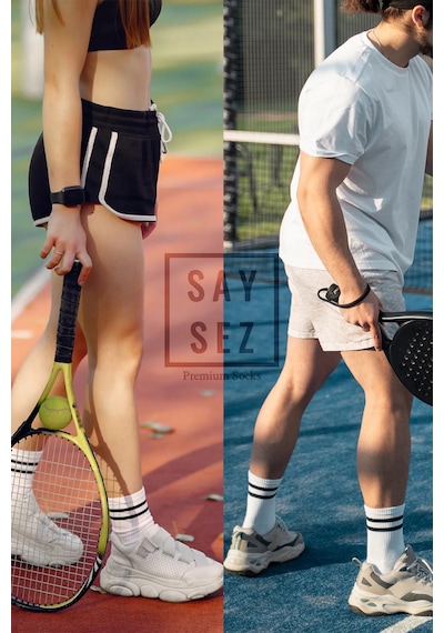 Saysez Bambu Unisex Tenis Kolej Çizgili Siyah-beyaz-gri Dikişsiz Çorap 3