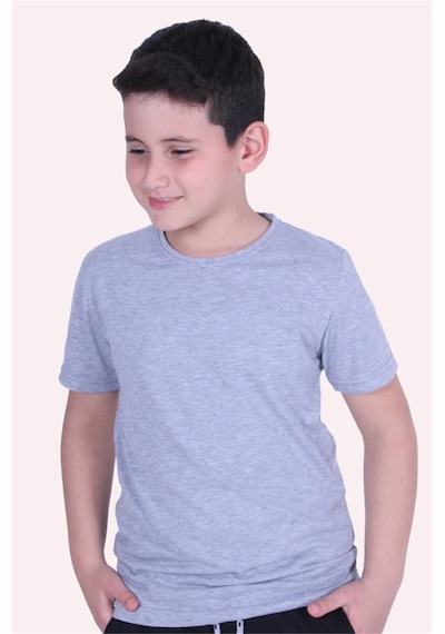 Markahit Basic Bisiklet Yaka %100 Pamuk Likralı Düz Unisex Çocuk T-shirt Gri
