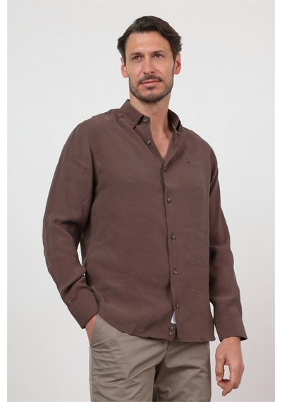 İmza Kahverengi Düğmeli Yaka Uzun Kol Cepsiz Slim Fit Modal Gömlek 1004260162