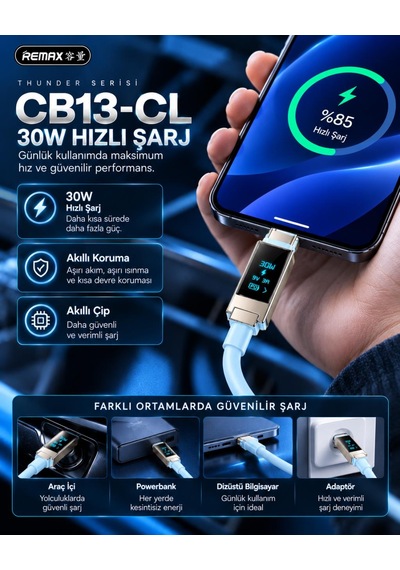 Remax Cb13-cl Thunder Serisi 30w Oled Ekranlı Bluetooth App Kontrollü Type-c To Lightning Hızlı Şarj Ve Data Kablosu 1.2 Metre Buz Mavisi