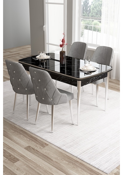 Canisa Tia Serisi 80x132 Mdf Açılabilir Siyah Mermer Desen Krom Detay Masa Takımı Ve 4 Gri Sandalye Masa Siyah Mermer Desen Sandalye Gri
