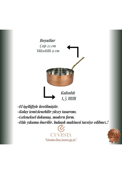 Cuvesta El Yapımı Modern Kalın 1.5mm Bakır Sote,sos Tavası 25x8cm