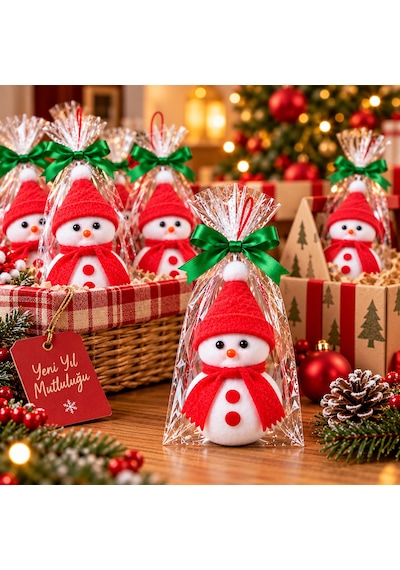 Bakgelal Yılbaşı Ağacı Süsü Kardan Adam Figürlü 16 Cm Keçe Şapkalı Ve Atkılı Asılabilir Dekoratif Süs Kırmızı Şapkalı - 9014074930881
