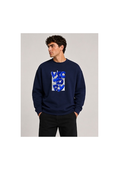 Herkesemoda Victory Baskı Detaylı Bisiklet Yaka Şardonlu 2 İplik Sweatshirt Lacivert