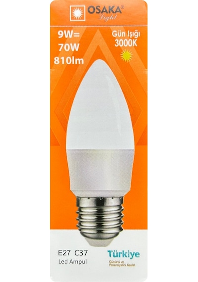 2 Adet Osaka 9w 70w Sarı Işık 3000k E27 Duylu Kalın Duy Led Mum Ampul
