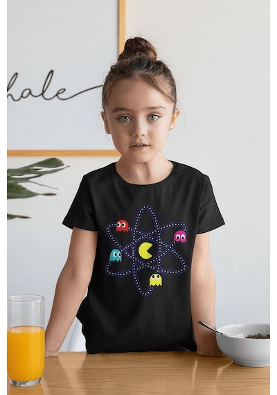 Sevbano Tasarım Pacman Baskılı Unisex Oyun Çocuk Tişört 1-12 Yaş SIYAH