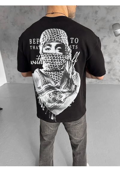 Baskılı Oversize T-shirt - Siyah -Çok Renkli