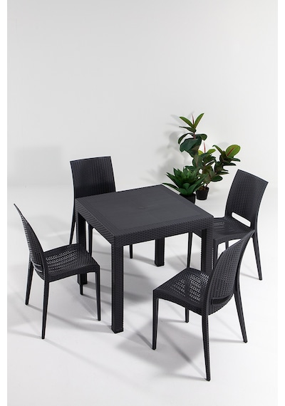 Rattan 80x80 Bahçe&Balkon&Teras Masa Seti - Antrasit Siyah