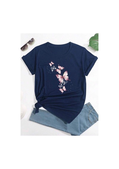 Medinenur Uçuşan Kelebekler Baskılı Basic T-shirt Lacivert