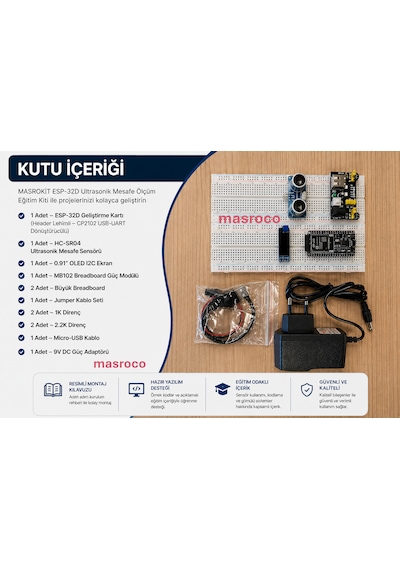 Masrokit Esp32-d Geliştirme Kartlı Ultrasonik Mesafe Ölçüm Eğitim Kiti Önceden Programlanmış