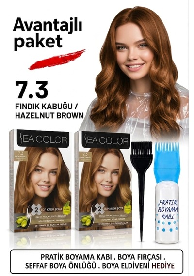 Sea Color Set Saç Boyası 7.3 Fındık Kabuğu 2 Li 2 Kutu+pratik Boya Kabı