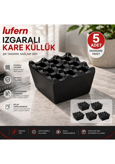 5 Adet Izgaralı Kare Küllük Bakalit Plastik Siyah Ev İş Yeri Kafe Restoran Kül İzmarit Bahçe