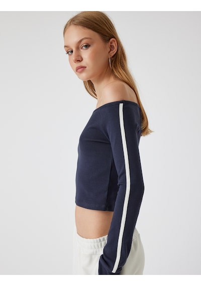 Koton Madonna Yaka Tişört Crop Uzun Kollu Biyeli Slim Fit Lacivert 5wal10232ık Lacivert