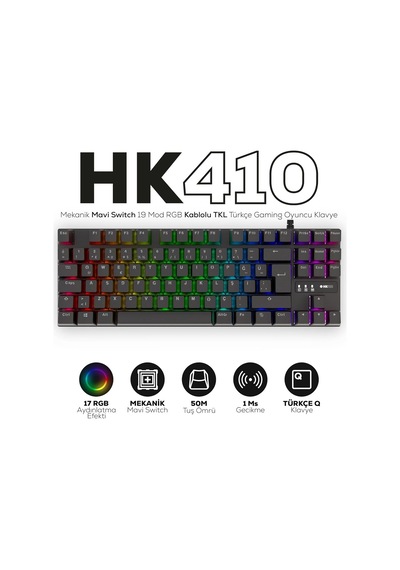 Hk410 Mekanik Switch 19 Mod Rgb Kablolu Siyah Tkl Türkçe Gaming Klavye Mavi Switch