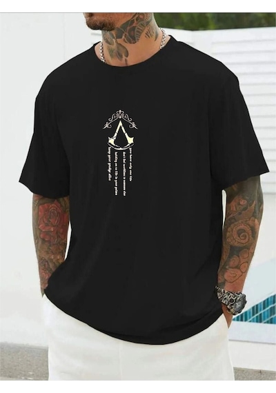 Altamira Erkek Siyah V Dikey Baskılı Oversize Bisiklet Yaka T-shirt 001