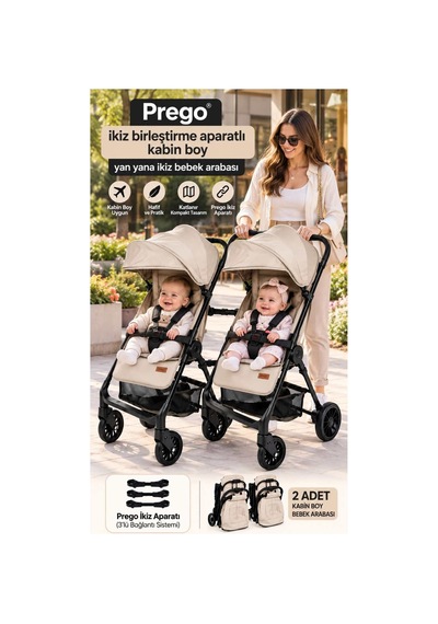 Prego İkiz Apartlı Birleşip Ayrılan Yan Yana İkiz Kabin Boy Bebek Arabası Bej1