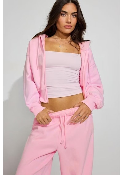 Pembe Crop Kapşonlu Fermuarlı Kadın Sweatshirt Mg2608 Pembe
