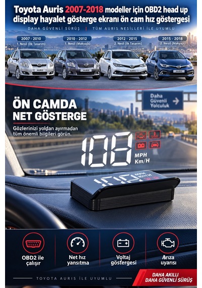 Toyota Auris 2007-2018 Modeller İçin Obd2 Head Up Display Hayalet Gösterge Ekranı Ön Cam Hız Göstergesi