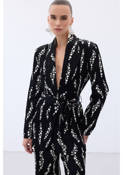 Sateen Desenli Uzun Ceket - Siyah-136474 Siyah
